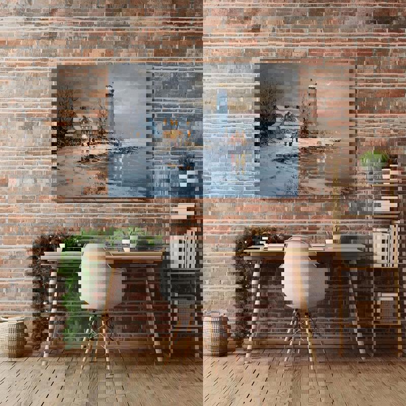 Christmas lighthouse canvas artwork with a cozy window glow by a winter shoreline, nautical accent for a coastal home office