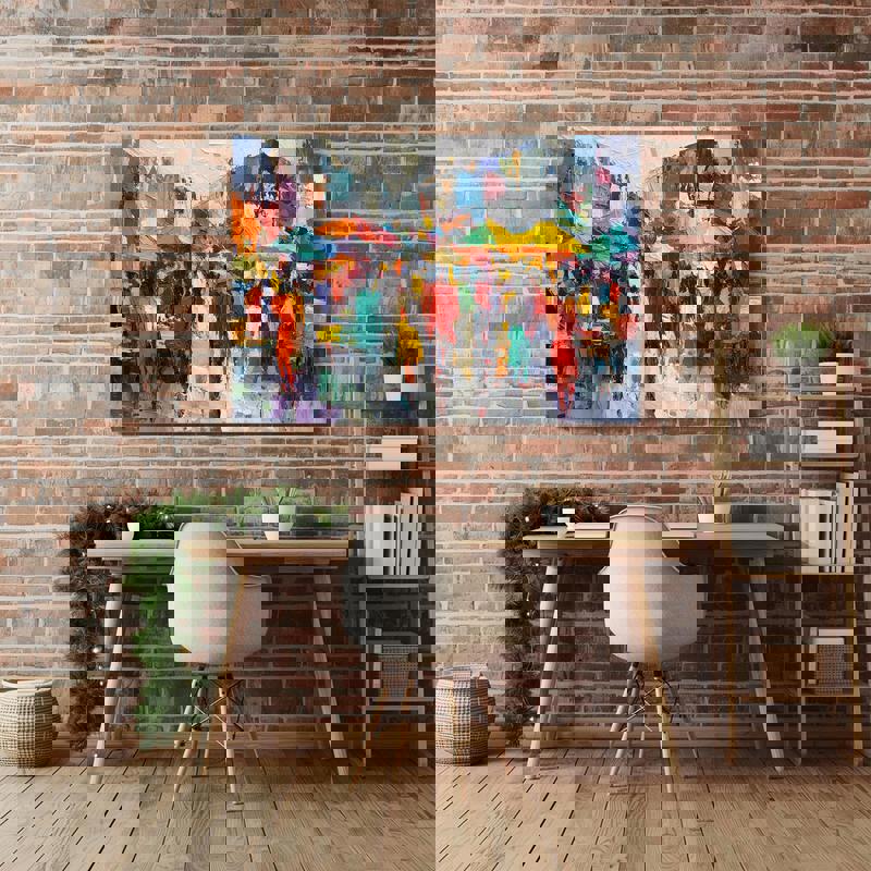 Vibrant abstract market scene canvas wall art, bold impasto oil strokes and bustling crowd, contemporary for home office