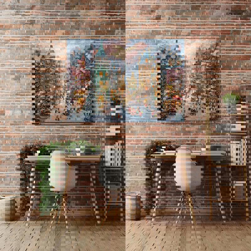 Victorian Christmas town canvas artwork, rustic farmhouse seasonal wall decor for home office room, traditional townscape