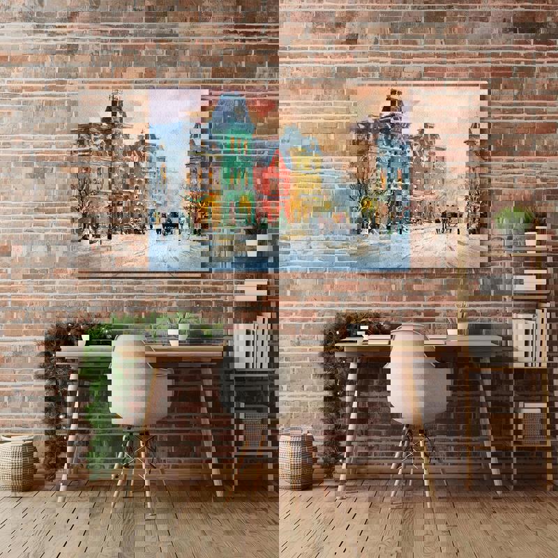 Victorian Christmas Town canvas wall decor for home office, cozy winter village scene with red, green, yellow lights and snow