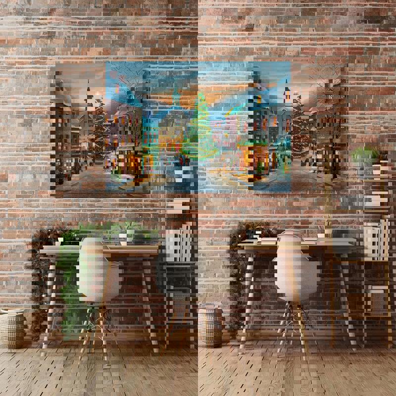 Countryside town center canvas wall art with quaint facades and open plaza, a serene accent for home office workspace decor.