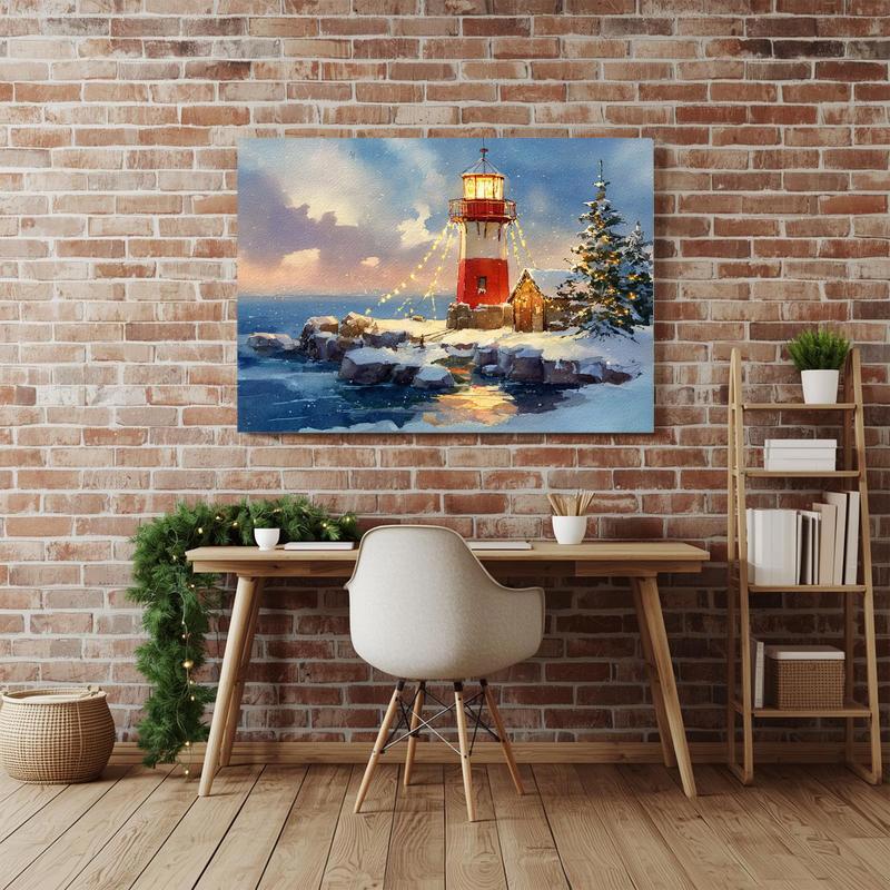 Winter holiday canvas art, vertical portrait, snowy Christmas village and white lighthouse by coast, ideal for home office
