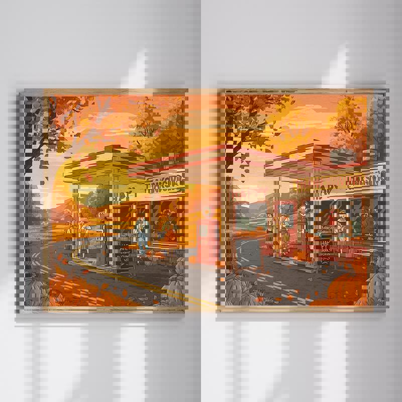 Autumn vintage service station canvas art for man cave decor, featuring fall foliage and retro gas pumps in warm light. | Familywalldecor