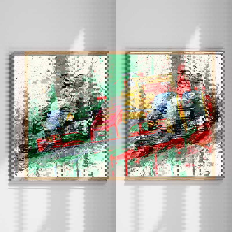 Christmas racing car canvas with red vintage car on snowy track, lights and checkered flag, landscape for man cave wall decor | Familywalldecor