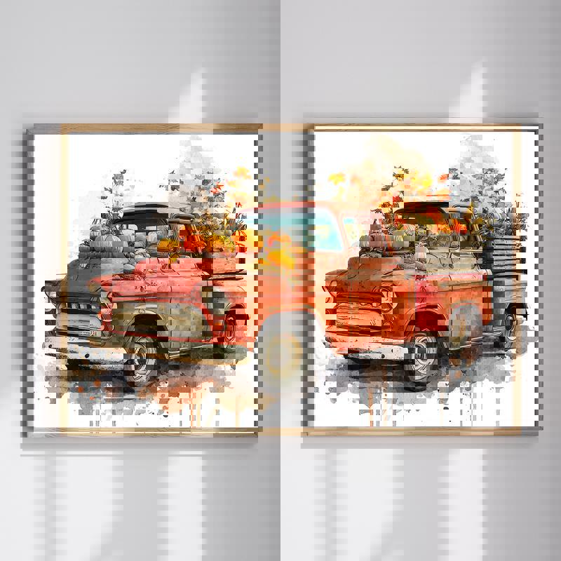 Classic harvest pickup truck canvas, watercolor fall scene with pumpkins and leaves, wall art for man cave Thanksgiving | Familywalldecor