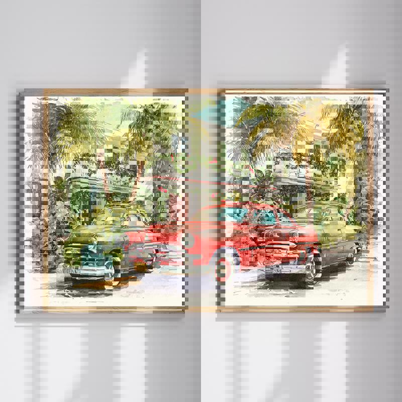 Classic red vintage car canvas, front view in retro garage, landscape wall art for man cave decor, distressed style | Familywalldecor