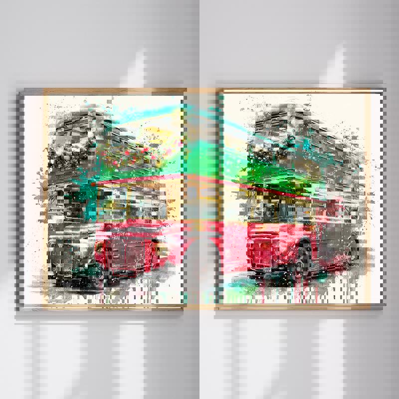 London double-decker bus canvas wall art for man cave decor, iconic red bus on urban street, landscape orientation | Familywalldecor