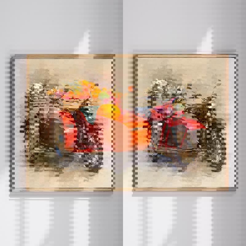 Retro motorcycle with harvest sidecar canvas wall art for man cave, playful Thanksgiving theme with pumpkins and autumn tones | Familywalldecor