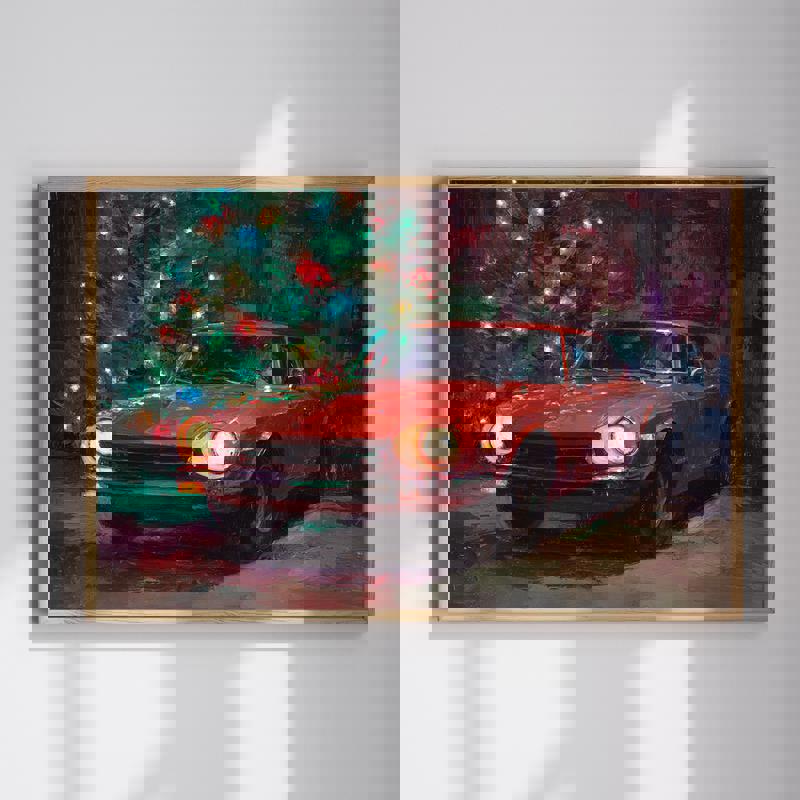 Retro sports car canvas wall art for man cave holiday decor, vintage-style design with festive accents and warm tones. | Familywalldecor