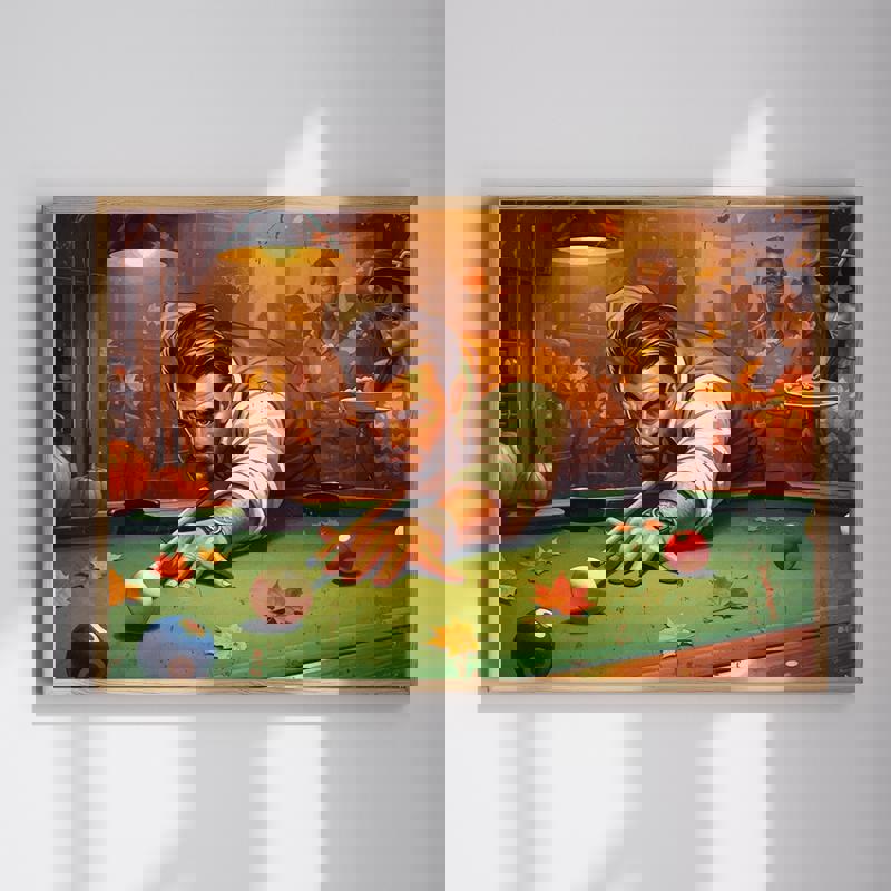 Autumn billiards canvas wall art with a cue striking a ball, warm fall tones, ideal man cave wall decor for pool enthusiasts | Familywalldecor