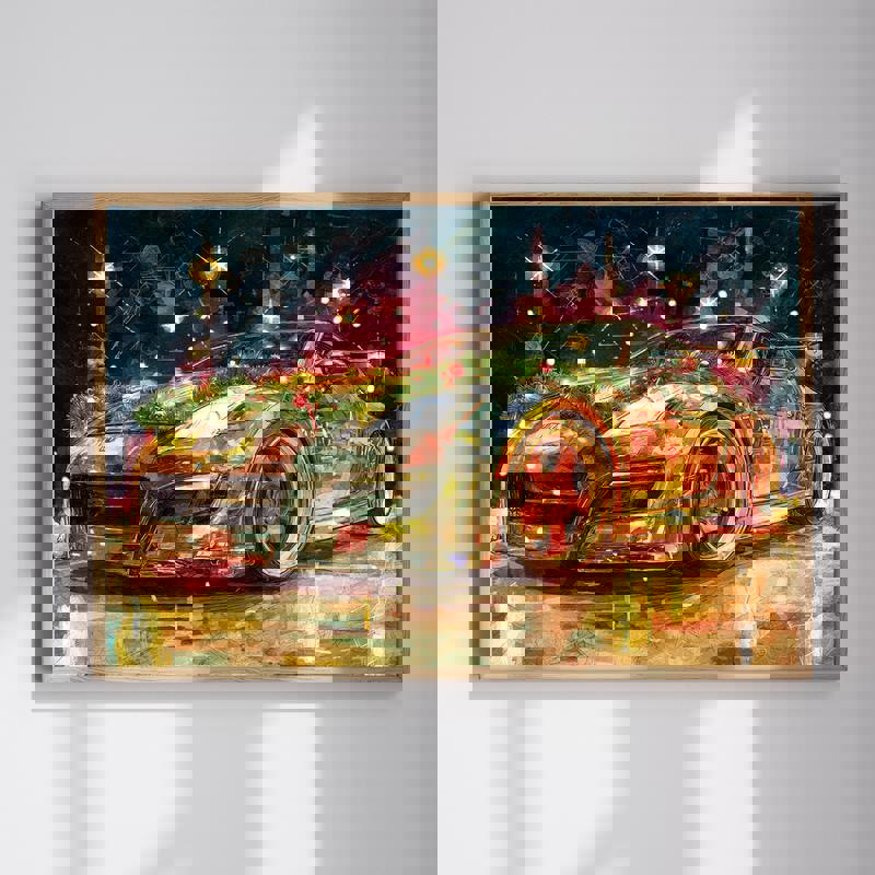 Sleek sports car canvas with Christmas holiday theme, bold wall art for man cave decor, modern automotive print | Familywalldecor