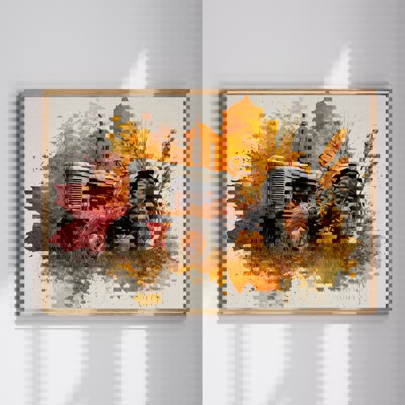 Vintage autumn tractor canvas with countryside harvest fields and fall foliage; rustic Thanksgiving man cave decor | Familywalldecor