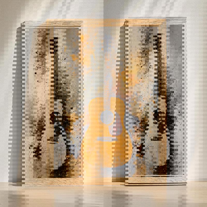 Farmhouse fall canvas featuring guitar strings, signatures, and rustic wood grain; warm man cave wall decor in autumn tones | Familywalldecor