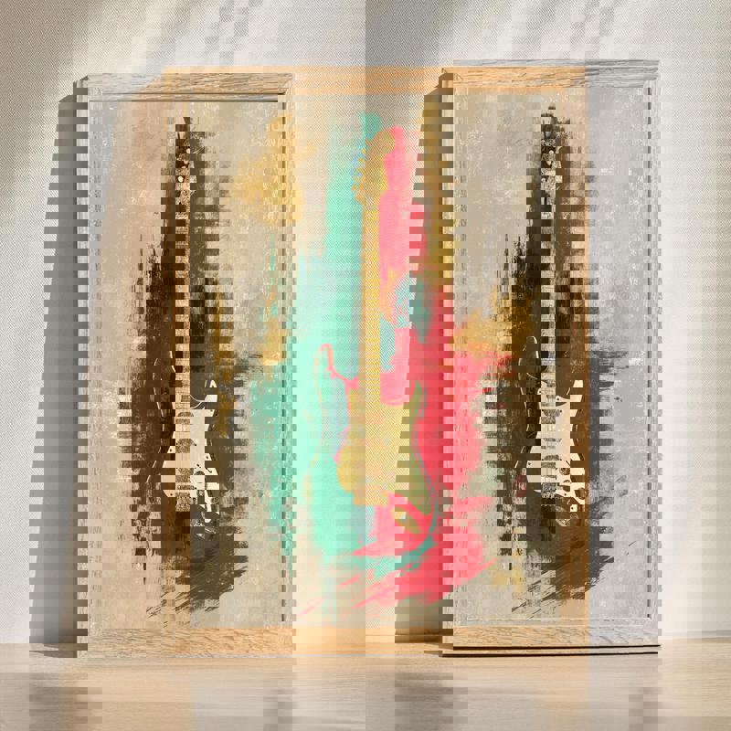 Christmas electric guitar canvas wall art with festive lights and snowflake accents for holiday man cave decor. | Familywalldecor