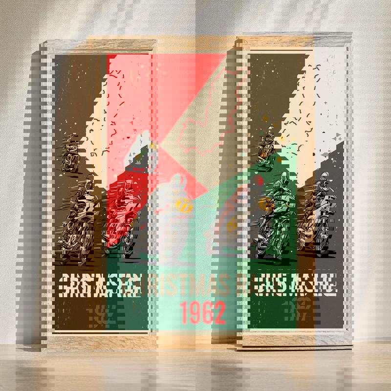 Christmas Race 1962 canvas wall art, retro motorcycle holiday racing scene for man cave decor in a vintage color palette | Familywalldecor