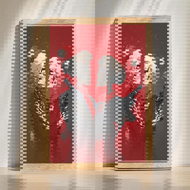 Christmas canvas wall art featuring a skeleton love story and cheeky holiday heist, festive details, for man cave decor | Familywalldecor