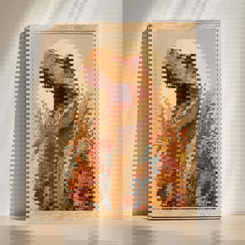 Autumn T-Rex canvas featuring a dapper harvest suit, whimsical wall art for man cave decor with warm fall tones | Familywalldecor