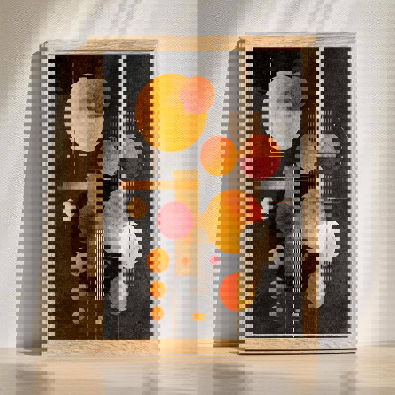 Geometric celebration of autumn canvas for man cave decor, bold angular leaves in warm earth tones, landscape orientation. | Familywalldecor