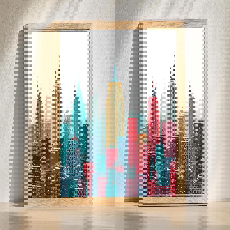 Holiday in NYC cityscape canvas wall art with red and green Christmas colors, festive skyline lights for man cave decor | Familywalldecor