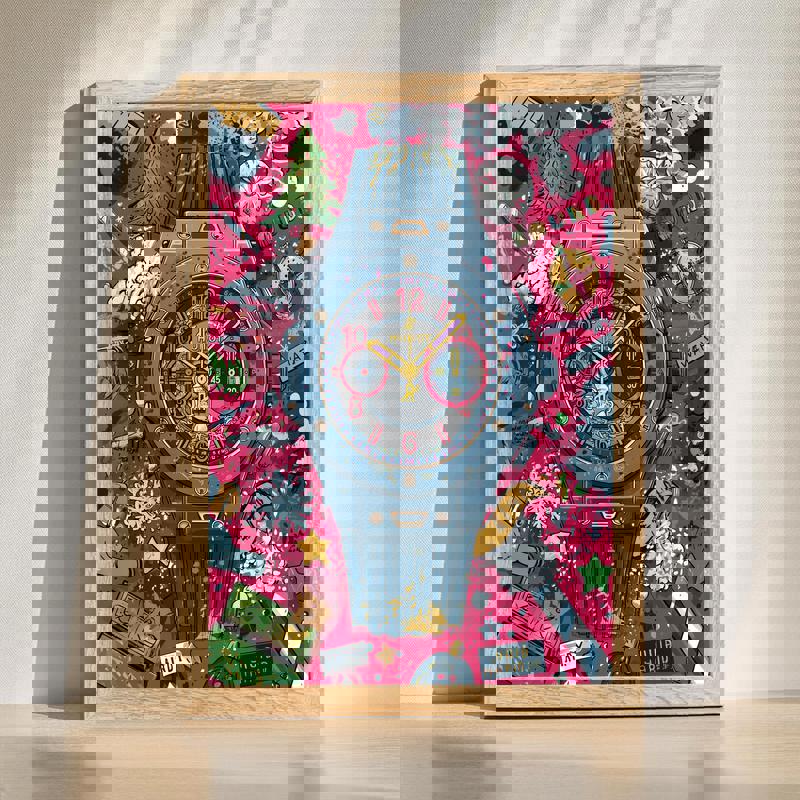 Graffiti watch wonderland canvas wall art with layered clocks and vibrant spray paint, bold time-themed decor for a man cave | Familywalldecor