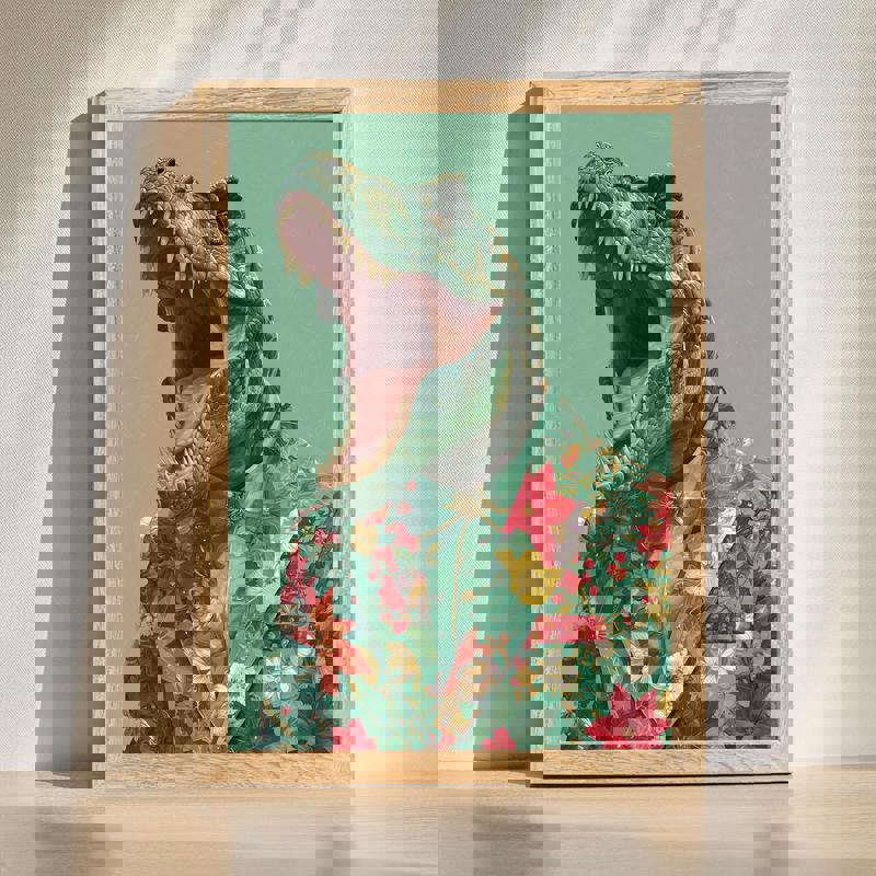 Christmas T-Rex canvas wall art for man cave decor, dinosaur in festive couture bringing humor to holiday interiors | Familywalldecor