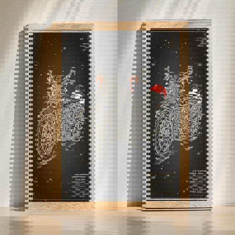 Christmas motorcycle patent canvas wall art with vintage blueprint diagram and festive accents, ideal for man cave decor | Familywalldecor