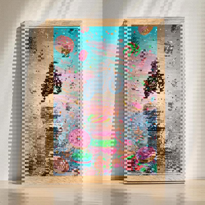 Winter wonderland treats rider canvas wall art for man cave decor, snowy scene with a rider amid festive sweets and snacks | Familywalldecor