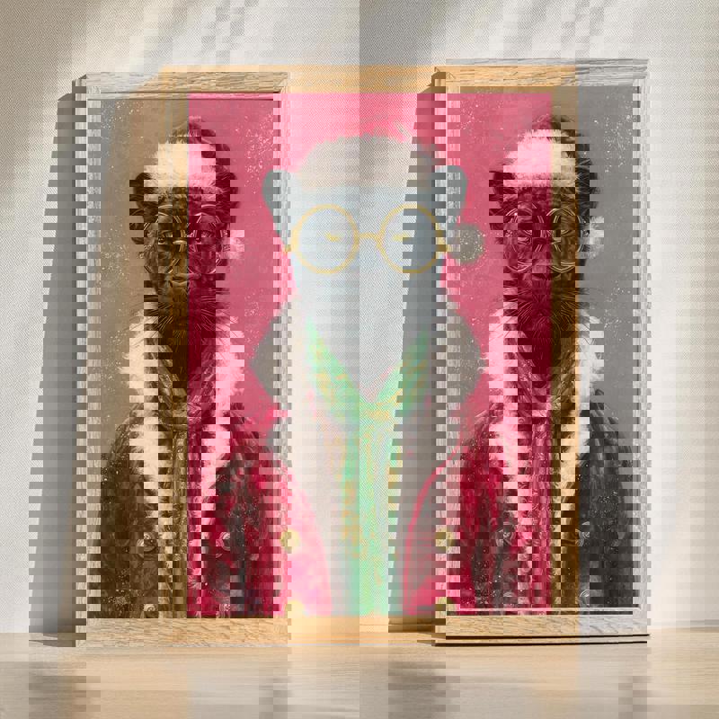 Santa Prowl canvas wall art featuring a dapper cat in holiday couture, perfect for man cave decor, portrait orientation | Familywalldecor