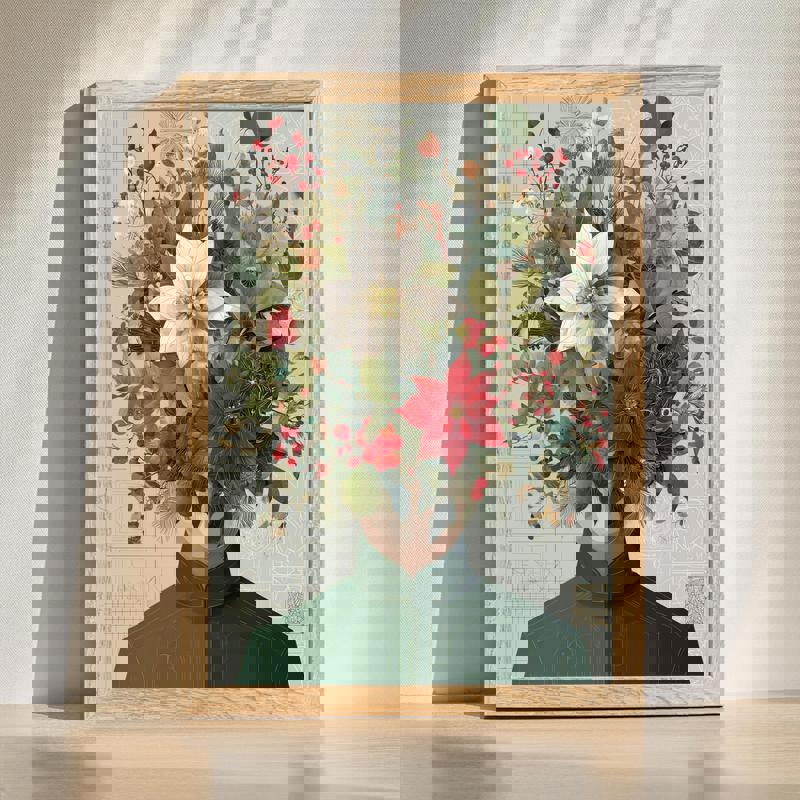 Surreal Christmas botanical portrait canvas with a face composed of holly, pine, and poinsettias, dark backdrop, vertical | Familywalldecor