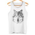 オオカミの顔 青い目 美的スマッジアートスタイル 野生動物 タンクトップ