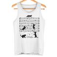 音楽譜上の遊ぶ猫のシルエットデザイン ピアノ音符 遊び心のある猫 猫 ジョーク かわいい 動物好き ギャグ好き タンクトップ