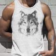 オオカミの顔 青い目 美的スマッジアートスタイル 野生動物 タンクトップ 彼への贈り物