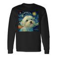 かわいいマルチーズドッグ 星月夜 ヴィンセント・ヴァン・ゴッホ絵画 長袖Tシャツ ギフトのアイデア