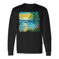 トロピカルビーチ 太陽 オーシャン ヤシの木 ゴッホスタイル アートデザイン 長袖Tシャツ ギフトのアイデア