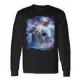 レインボーギャラクシー 宇宙に乗るサメに乗る猫 長袖Tシャツ ギフトのアイデア