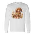 クリーム色の花のダックスフント 愛らしいミニドキシー犬 長袖Tシャツ ギフトのアイデア