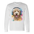 ゴールデンドゥードル、ヘッドフォン、犬、動物プリント 長袖Tシャツ ギフトのアイデア