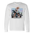 強風ピンナップガールとオールドアメ車のバックプリント 長袖Tシャツ ギフトのアイデア