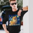かわいいポメラニアン犬 星月夜 ヴィンセント・ヴァン・ゴッホ絵画 長袖Tシャツ 彼への贈り物