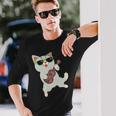 ハワイアンウケ猫遊びウクレレバッジポケット 長袖Tシャツ 彼への贈り物