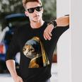 パールイヤリング付き猫 フェルメール 長袖Tシャツ 彼への贈り物