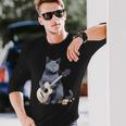 ミュージシャン ロシアンブルー猫 ギタリスト 猫とギター 長袖Tシャツ 彼への贈り物
