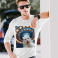 Ufo エイリアンフライングソーサー付き面白い白猫愛好家セルフィー 長袖tシャツ 長袖Tシャツ 彼への贈り物