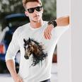 乗馬アート アニマルプリント 馬モチーフ 馬 長袖Tシャツ 彼への贈り物