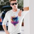 猫 花 カラフル かわいい アート 動物好き グラフィック 猫 長袖Tシャツ 彼への贈り物