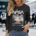Nasa スペースシャトル打ち上げカラーの黒と白のワームロゴ 長袖Tシャツ 彼女への贈り物