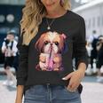 シーズー ボバティー バブルティー アニメ カワイイ 犬 長袖Tシャツ 彼女への贈り物