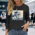 トロピカルピンク フラミンゴ グレートビッグウェーブサーファー オーシャンビーチ 長袖Tシャツ 彼女への贈り物