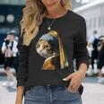 パールイヤリング付き猫 フェルメール 長袖Tシャツ 彼女への贈り物