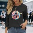 ベースギターを弾く猫水彩グラフィックデザイン 長袖Tシャツ 彼女への贈り物